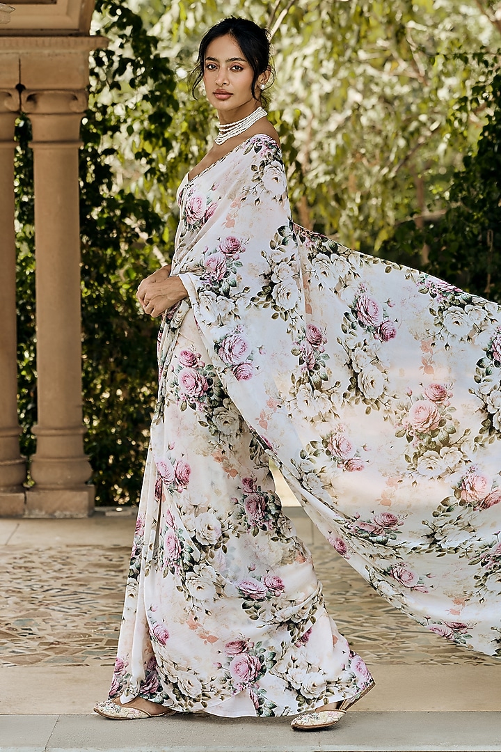 White Chiffon Floral Printed Party Wear Saree Set by Studio 113 at Pernia's Pop Up Shop