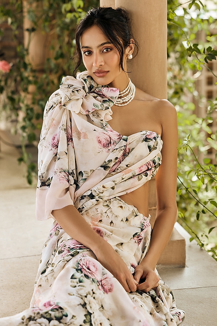 White Chiffon Floral Printed Party Wear Saree Set by Studio 113 at Pernia's Pop Up Shop