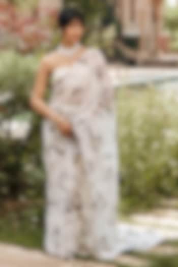 White Chiffon Floral Abstract Printed Party Wear Saree Set by Studio 113 at Pernia's Pop Up Shop