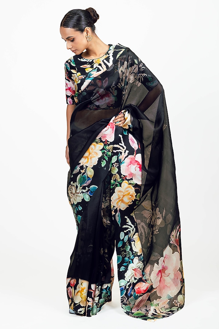 Black Organza Handpainted Party Wear Saree Set by Studio 113 at Pernia's Pop Up Shop