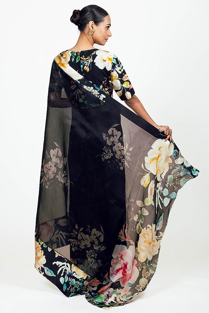 Black Organza Handpainted Party Wear Saree Set by Studio 113 at Pernia's Pop Up Shop