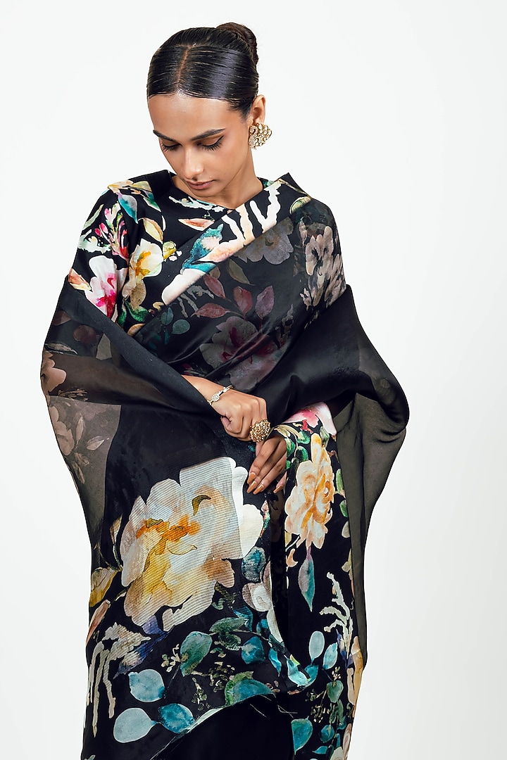Black Organza Handpainted Party Wear Saree Set by Studio 113 at Pernia's Pop Up Shop