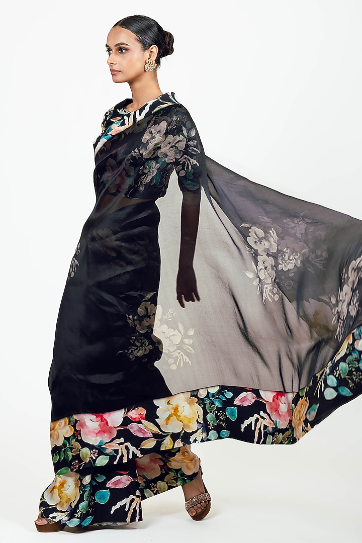 Black Organza Handpainted Party Wear Saree Set by Studio 113 at Pernia's Pop Up Shop