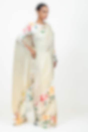 White Organza Handpainted Party Wear Saree Set by Studio 113 at Pernia's Pop Up Shop