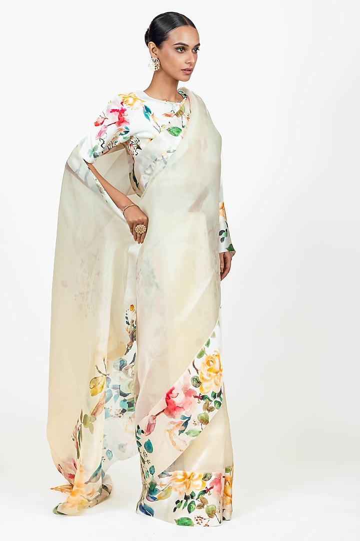 White Organza Handpainted Party Wear Saree Set by Studio 113 at Pernia's Pop Up Shop