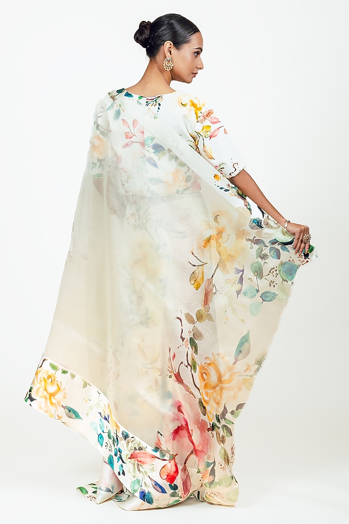 White Organza Handpainted Party Wear Saree Set by Studio 113 at Pernia's Pop Up Shop
