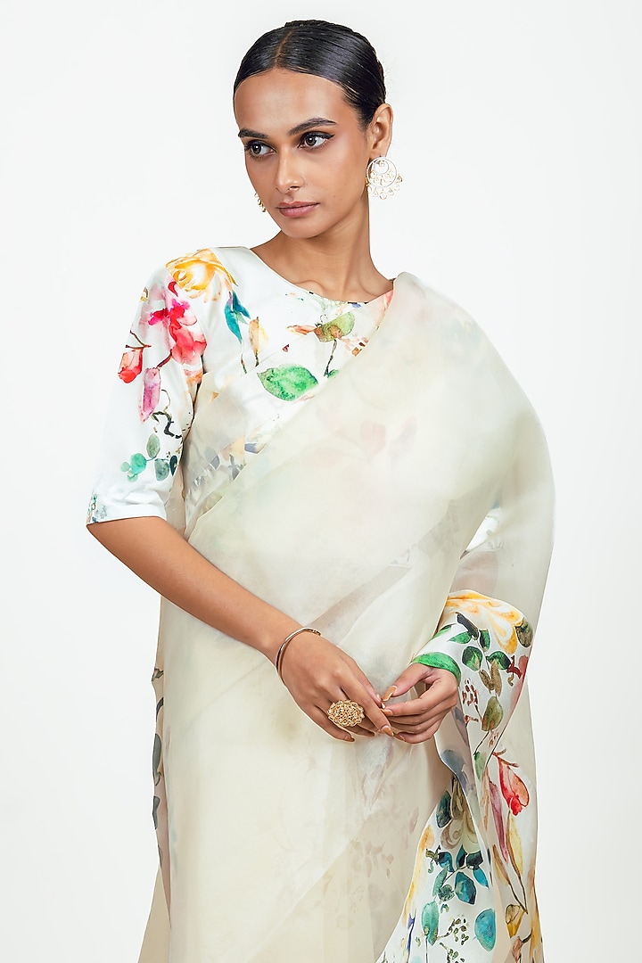 White Organza Handpainted Party Wear Saree Set by Studio 113 at Pernia's Pop Up Shop