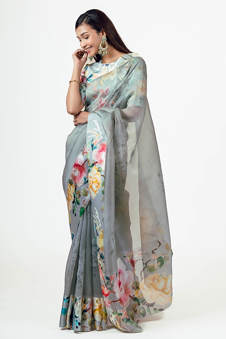Grey Organza Handpainted Party Wear Saree Set by Studio 113 at Pernia's Pop Up Shop