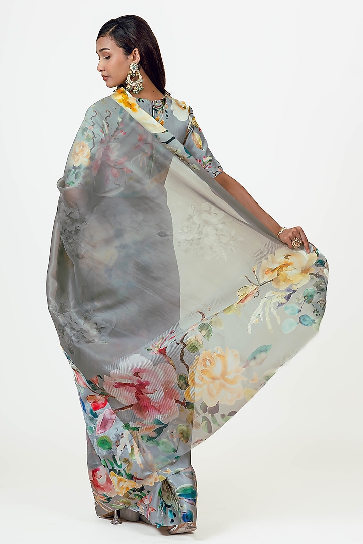 Grey Organza Handpainted Party Wear Saree Set by Studio 113 at Pernia's Pop Up Shop