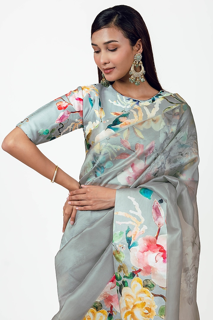 Grey Organza Handpainted Party Wear Saree Set by Studio 113 at Pernia's Pop Up Shop