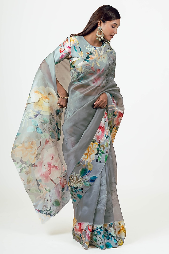 Grey Organza Handpainted Party Wear Saree Set by Studio 113 at Pernia's Pop Up Shop