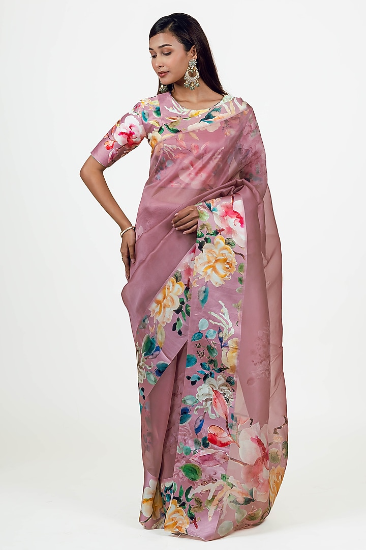 Old-Rose Organza Handpainted Party Wear Saree Set by Studio 113 at Pernia's Pop Up Shop