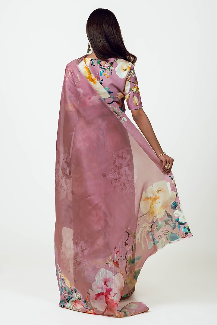 Old-Rose Organza Handpainted Party Wear Saree Set by Studio 113 at Pernia's Pop Up Shop