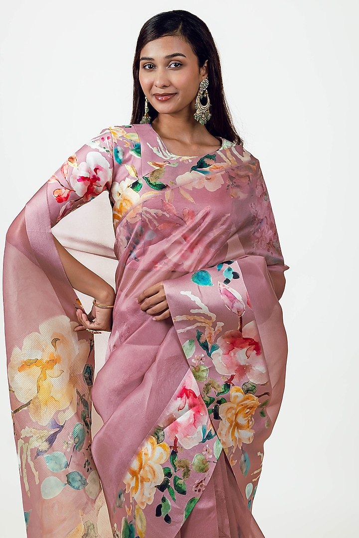 Old-Rose Organza Handpainted Party Wear Saree Set by Studio 113 at Pernia's Pop Up Shop