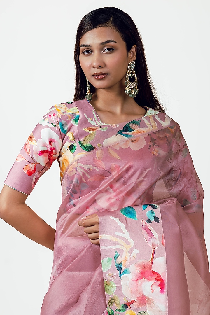 Old-Rose Organza Handpainted Party Wear Saree Set by Studio 113 at Pernia's Pop Up Shop