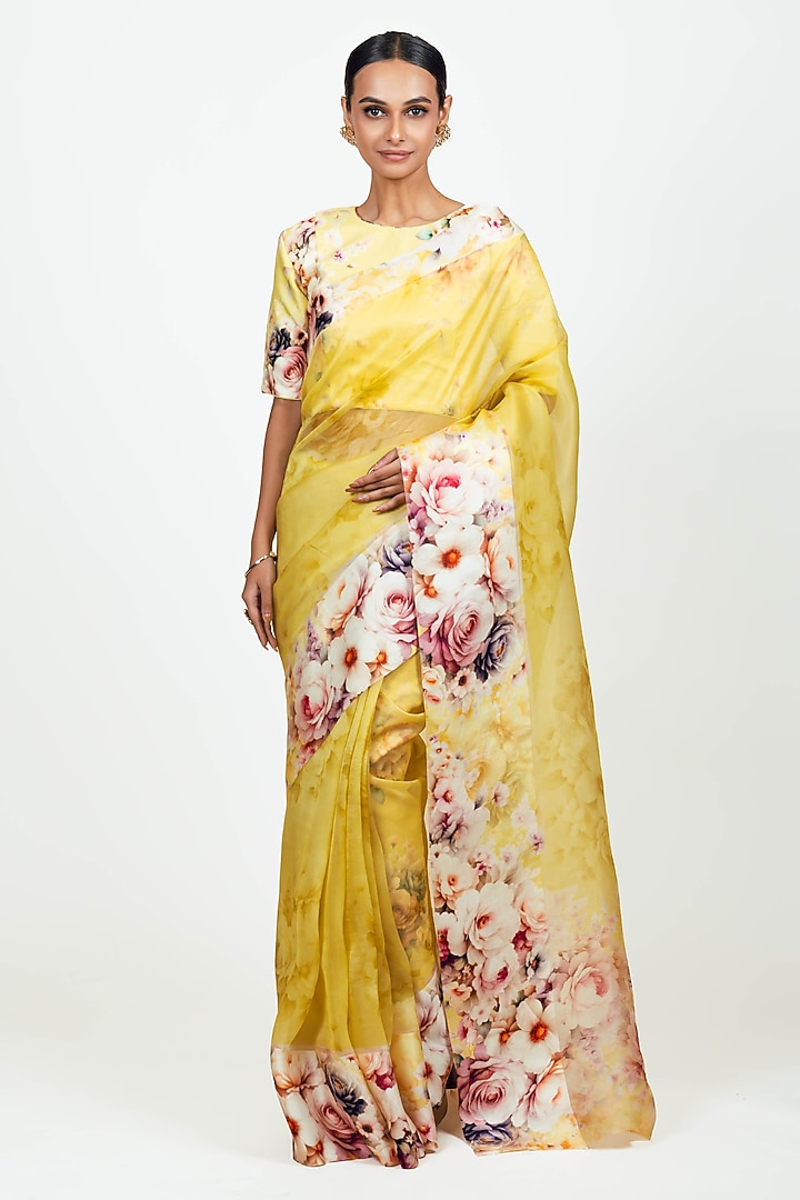 Yellow Organza Digital Printed Party Wear Saree Set by Studio 113 at Pernia's Pop Up Shop