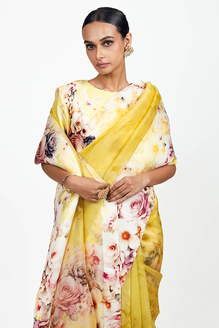 Yellow Organza Digital Printed Party Wear Saree Set by Studio 113 at Pernia's Pop Up Shop