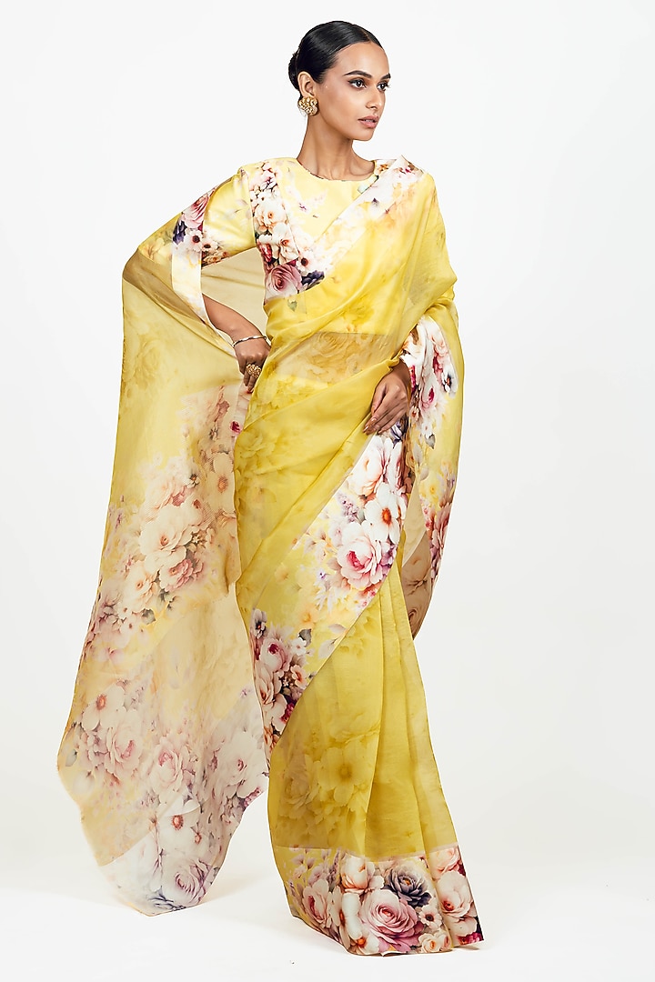 Yellow Organza Digital Printed Party Wear Saree Set by Studio 113 at Pernia's Pop Up Shop