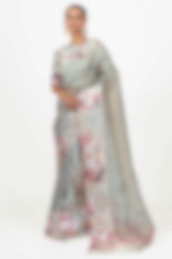 Pearl Blue Organza Digital Printed Party Wear Saree Set by Studio 113 at Pernia's Pop Up Shop