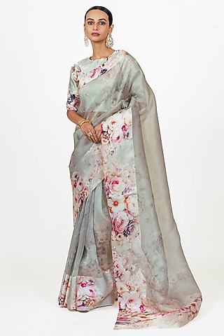 Pearl Blue Organza Digital Printed Saree Set by Studio 113