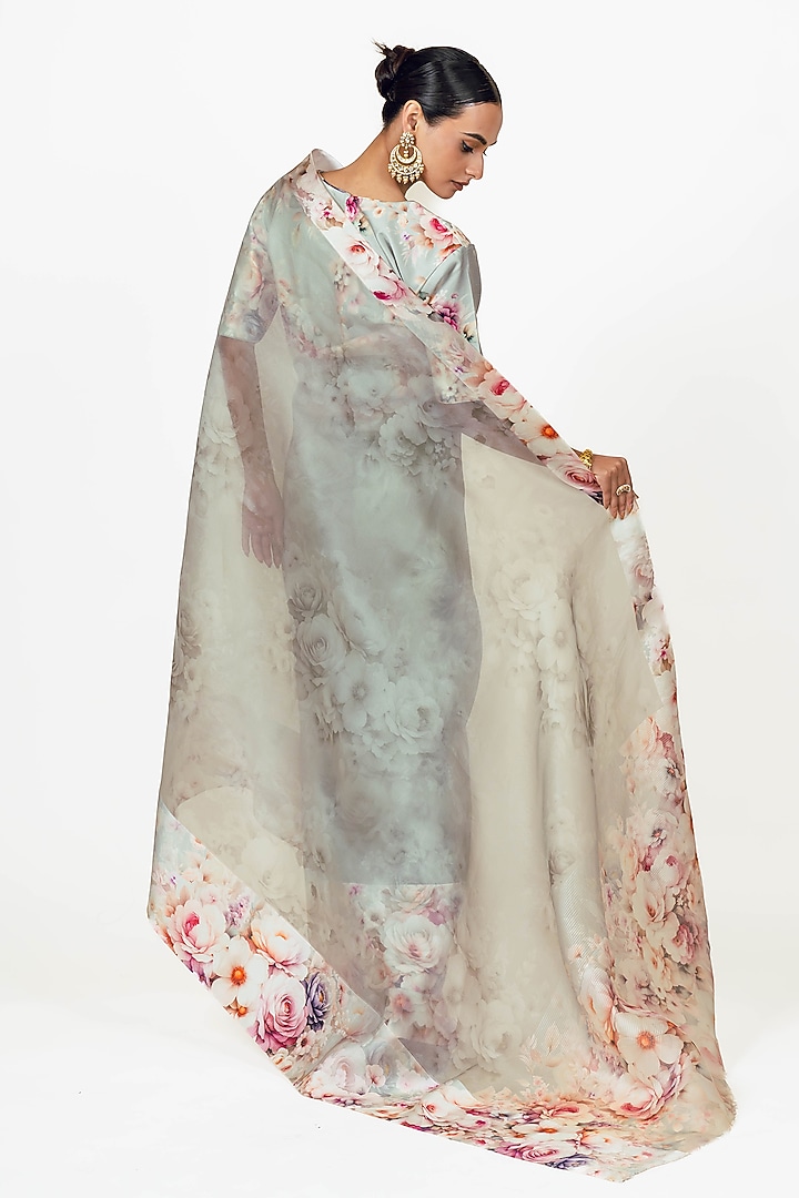 Pearl Blue Organza Digital Printed Party Wear Saree Set by Studio 113 at Pernia's Pop Up Shop