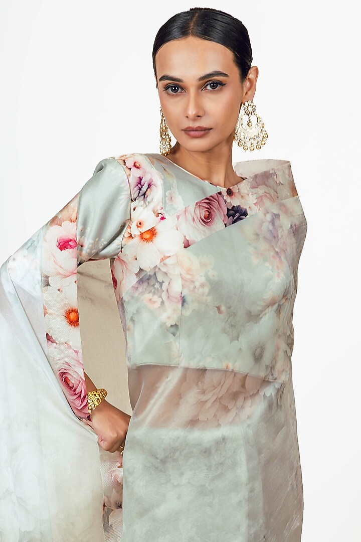 Pearl Blue Organza Digital Printed Party Wear Saree Set by Studio 113 at Pernia's Pop Up Shop