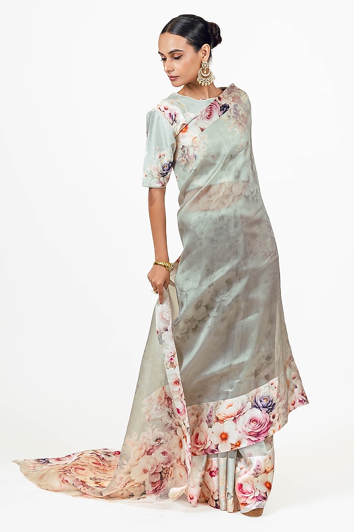 Pearl Blue Organza Digital Printed Party Wear Saree Set by Studio 113 at Pernia's Pop Up Shop