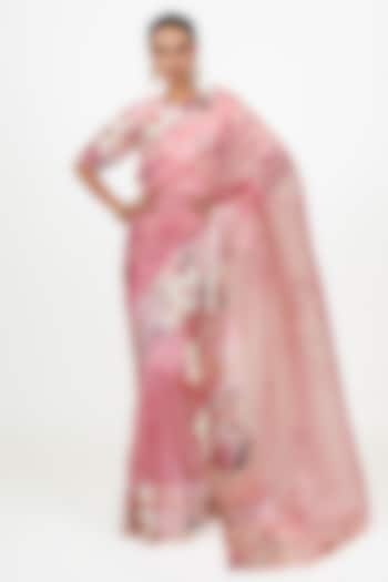 Pink Organza Digital Printed Party Wear Saree Set by Studio 113 at Pernia's Pop Up Shop