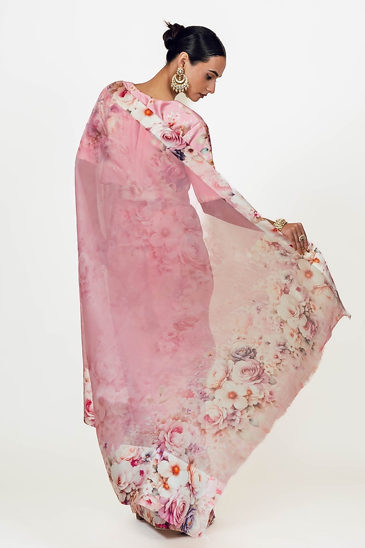 Pink Organza Digital Printed Party Wear Saree Set by Studio 113 at Pernia's Pop Up Shop