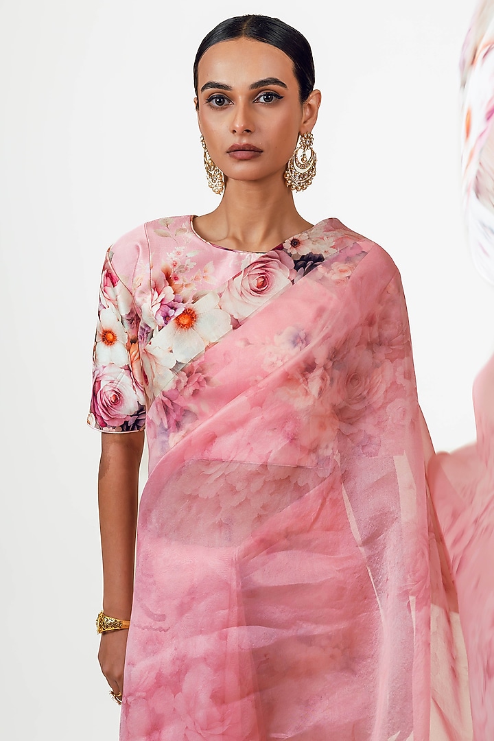 Pink Organza Digital Printed Party Wear Saree Set by Studio 113 at Pernia's Pop Up Shop
