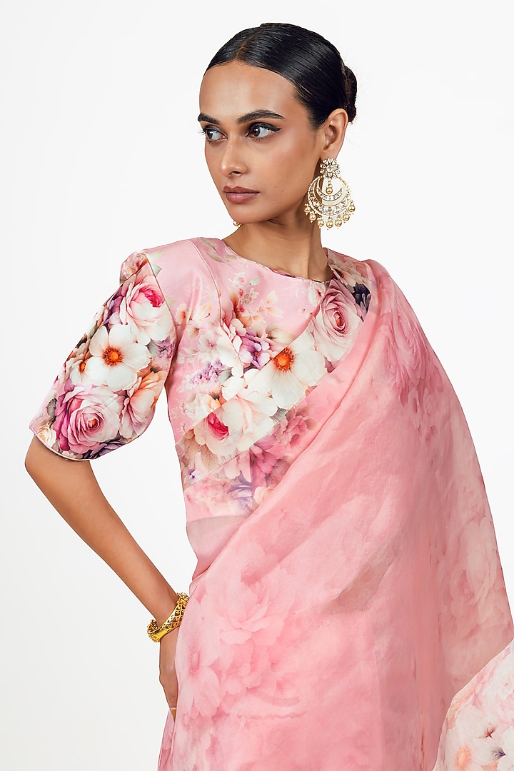 Pink Organza Digital Printed Party Wear Saree Set by Studio 113 at Pernia's Pop Up Shop