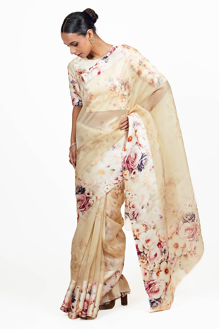 Ivory Organza Digital Printed Party Wear Saree Set by Studio 113 at Pernia's Pop Up Shop