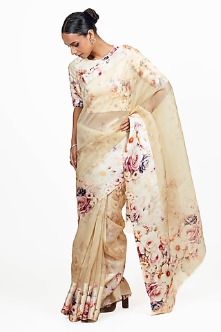Ivory Organza Digital Printed Saree Set by Studio 113