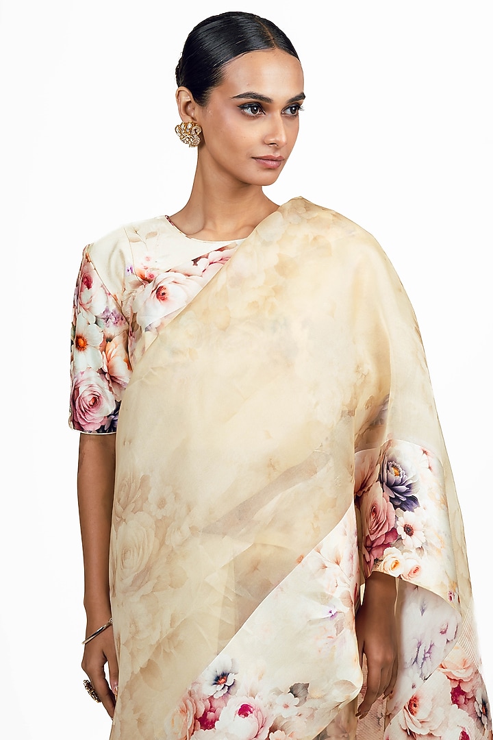 Ivory Organza Digital Printed Party Wear Saree Set by Studio 113 at Pernia's Pop Up Shop