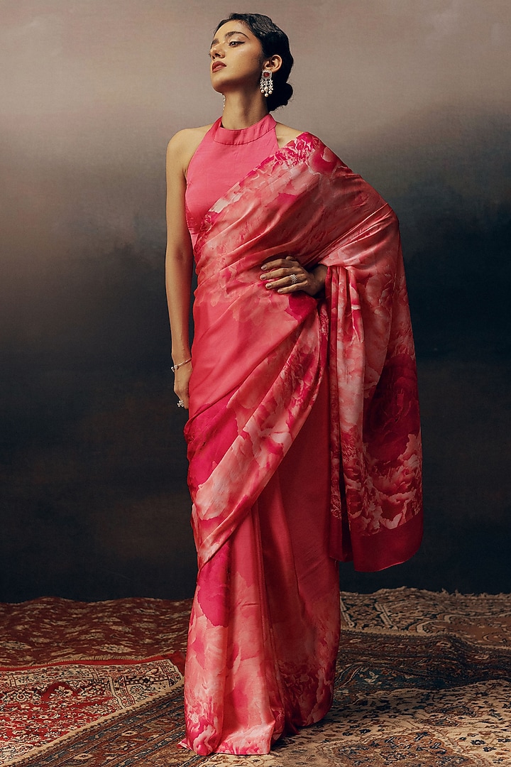 Fuchsia Pure Satin Silk Printed Party Wear Saree by Studio 113 at Pernia's Pop Up Shop