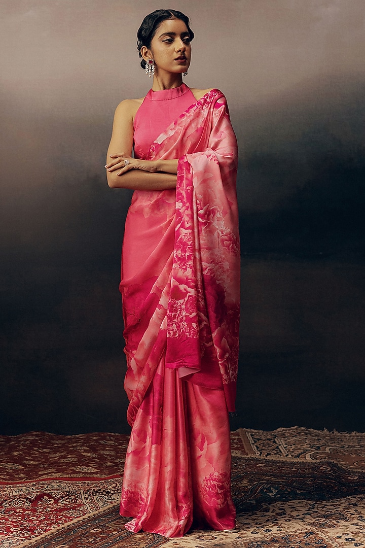 Fuchsia Pure Satin Silk Printed Party Wear Saree by Studio 113 at Pernia's Pop Up Shop
