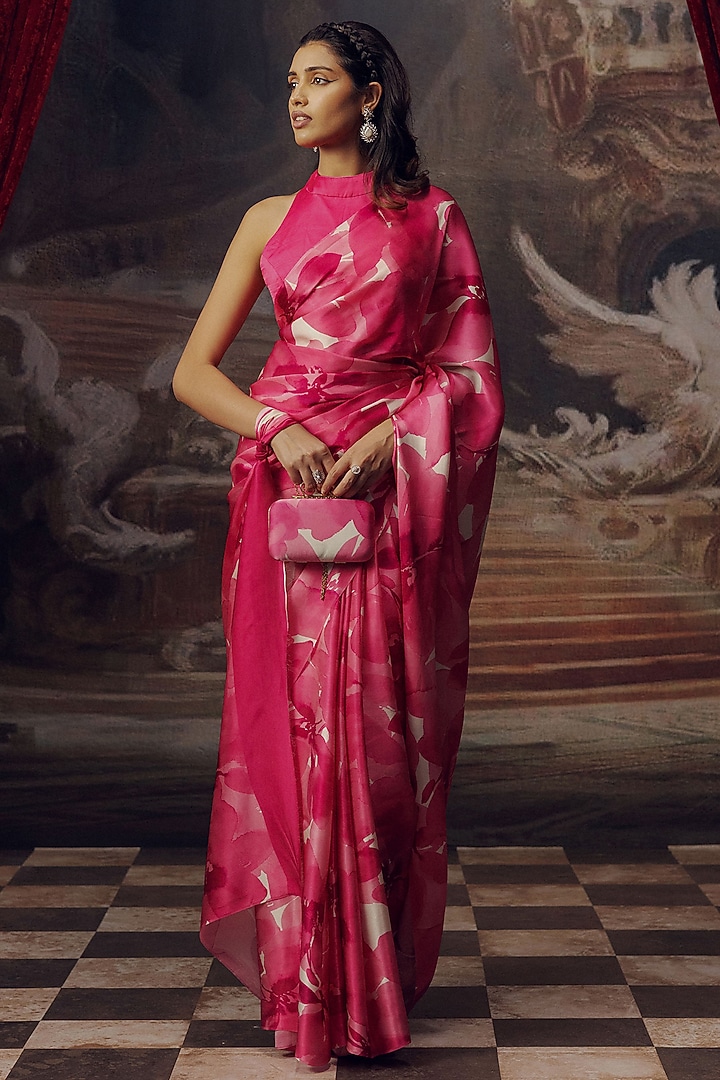 Fuchsia Pure Satin Silk Printed Party Wear Saree by Studio 113 at Pernia's Pop Up Shop
