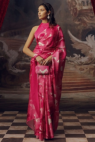 Fuchsia Pure Satin Silk Printed Saree by Studio 113