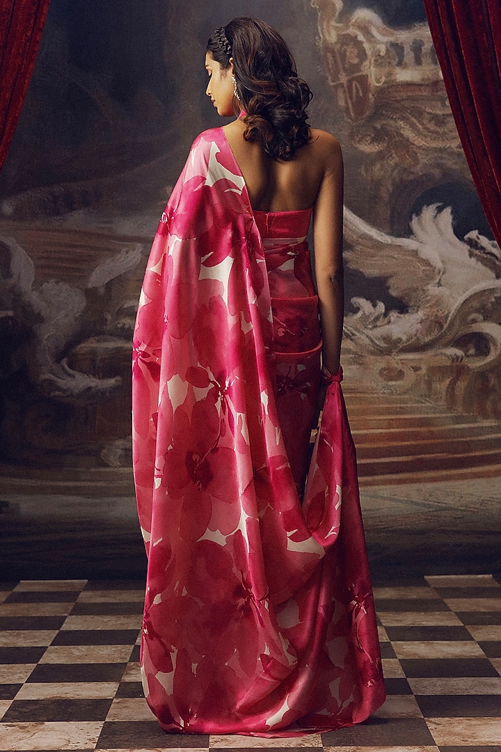 Fuchsia Pure Satin Silk Printed Party Wear Saree by Studio 113 at Pernia's Pop Up Shop