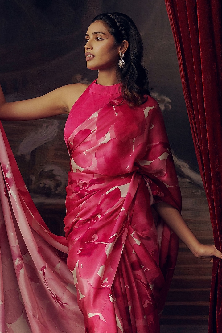 Fuchsia Pure Satin Silk Printed Party Wear Saree by Studio 113 at Pernia's Pop Up Shop