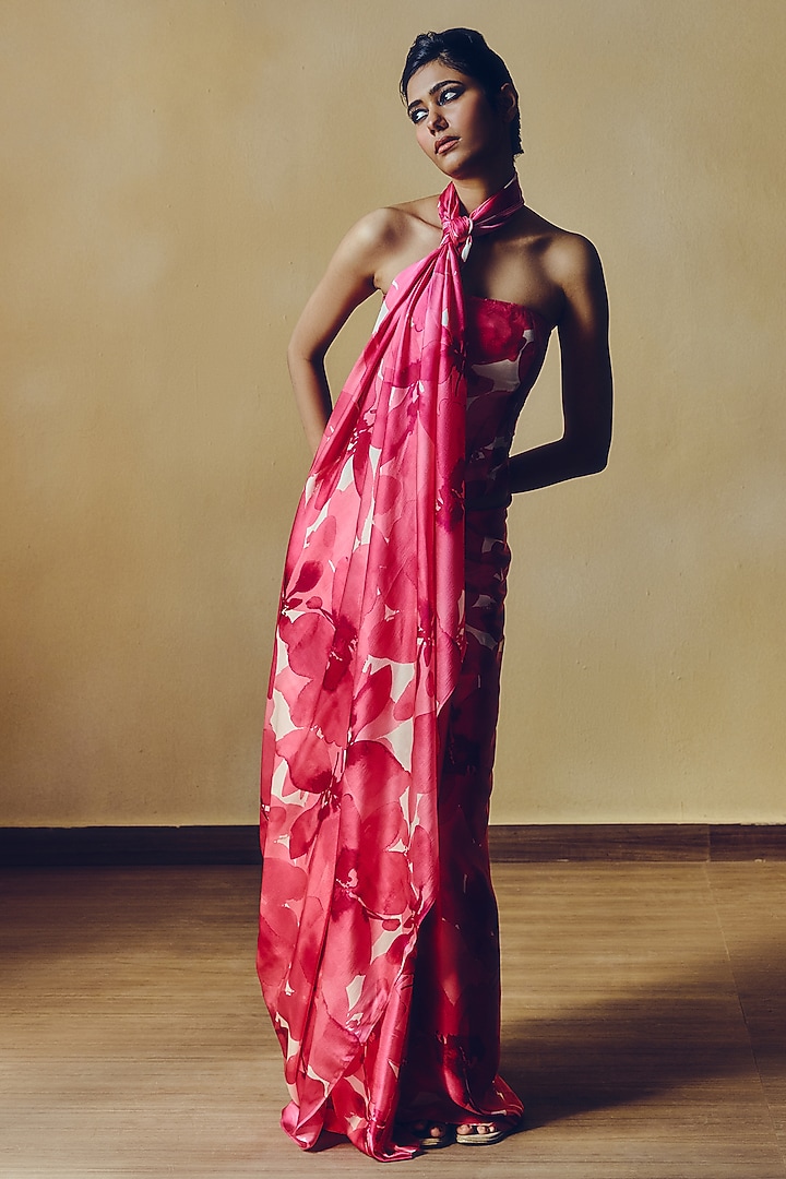 Fuchsia Pure Satin Silk Floral Printed Corset by Studio 113 at Pernia's Pop Up Shop