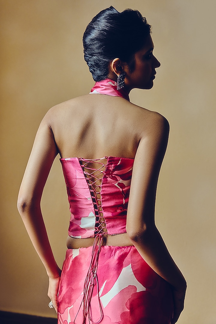 Fuchsia Pure Satin Silk Floral Printed Corset by Studio 113 at Pernia's Pop Up Shop