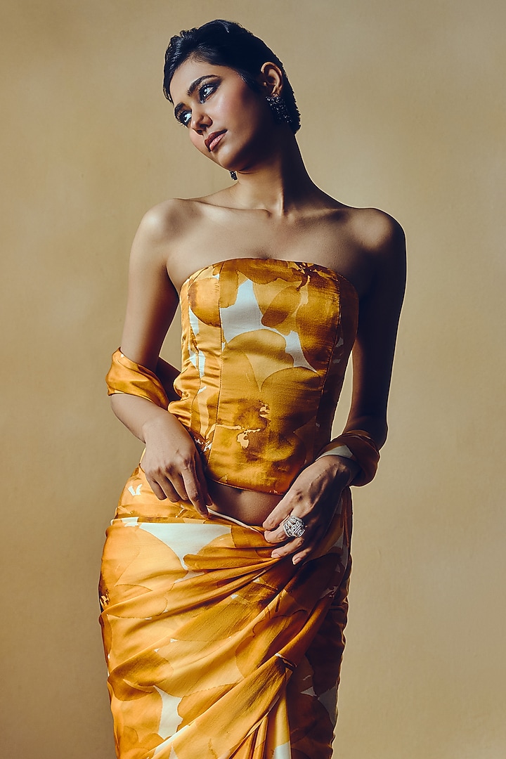 Tangerine Pure Satin Silk Floral Corset by Studio 113 at Pernia's Pop Up Shop