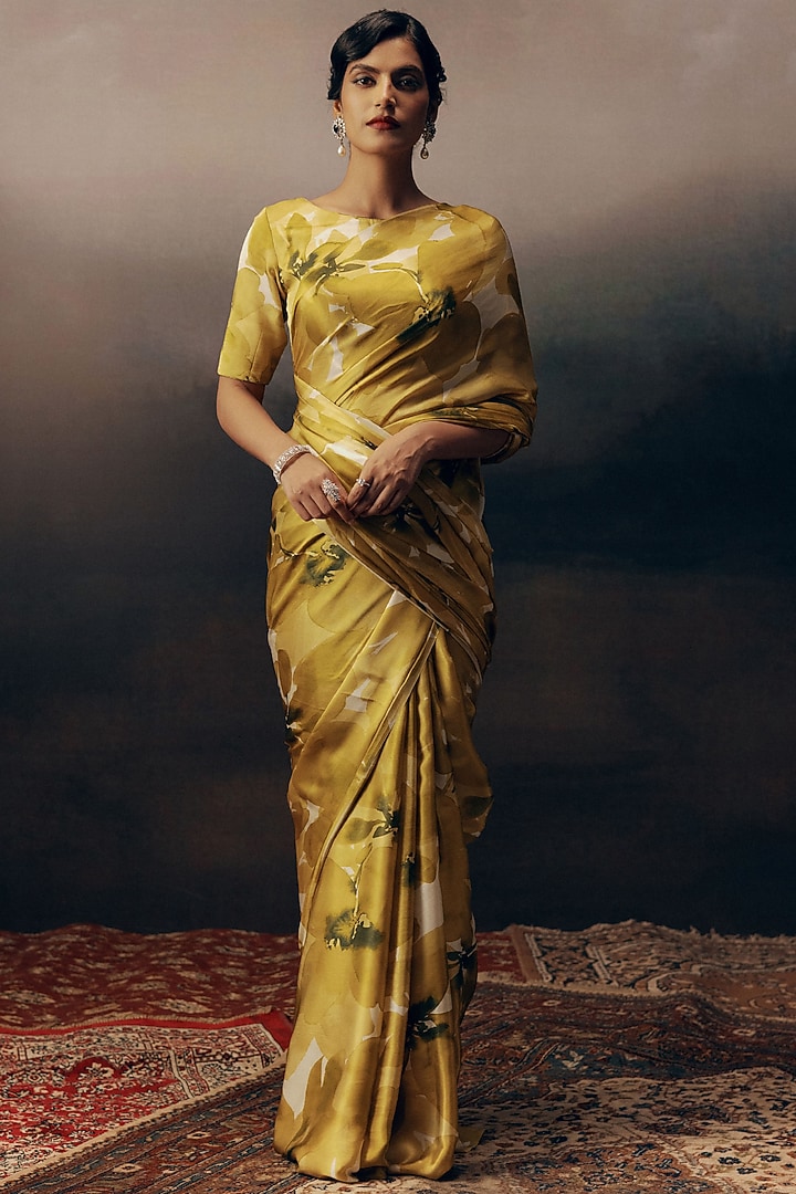 Lime Pure Satin Silk Floral Party Wear Saree by Studio 113 at Pernia's Pop Up Shop