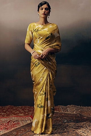 Lime Pure Satin Silk Floral Saree by Studio 113