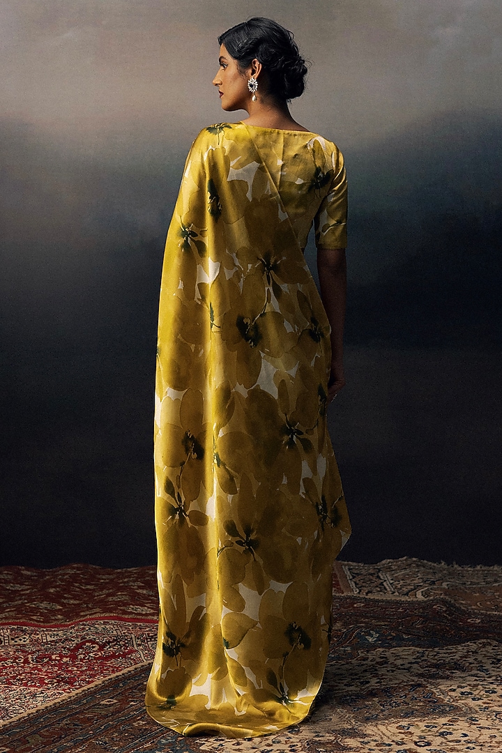 Lime Pure Satin Silk Floral Party Wear Saree by Studio 113 at Pernia's Pop Up Shop
