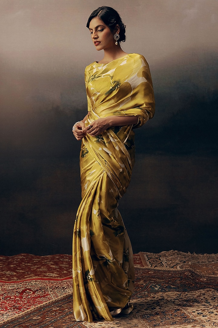 Lime Pure Satin Silk Floral Party Wear Saree by Studio 113 at Pernia's Pop Up Shop