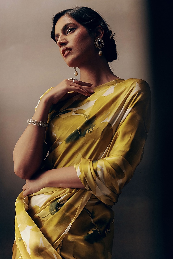 Lime Pure Satin Silk Floral Party Wear Saree by Studio 113 at Pernia's Pop Up Shop