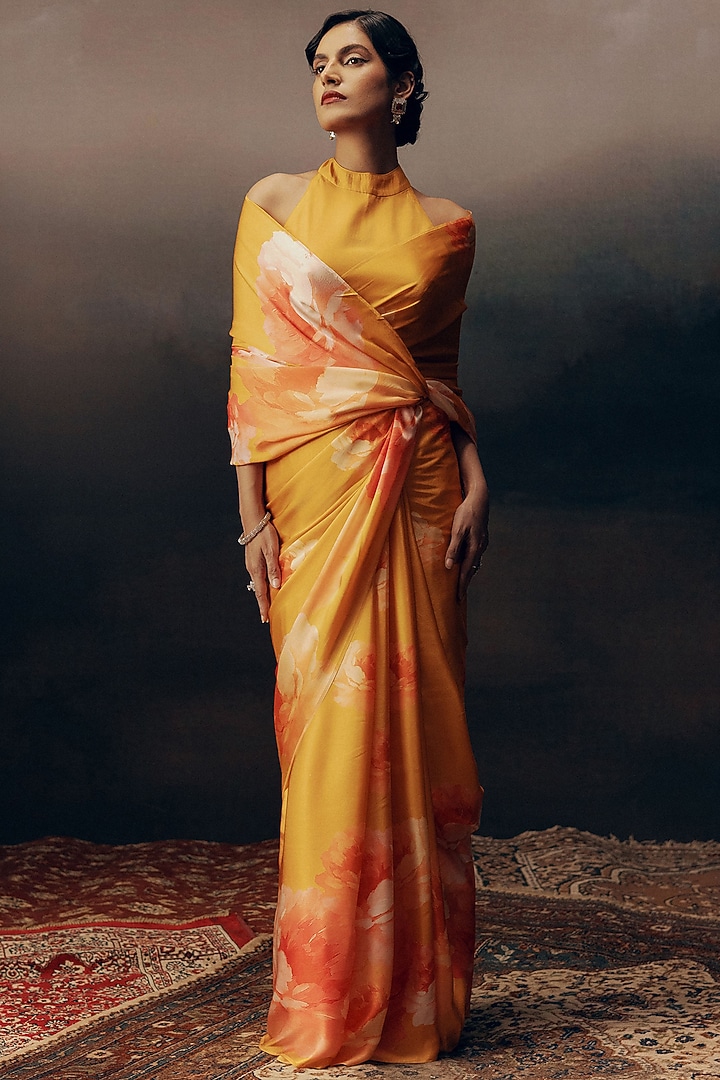 Orange Pure Satin Silk Ombre Floral Party Wear Saree by Studio 113 at Pernia's Pop Up Shop