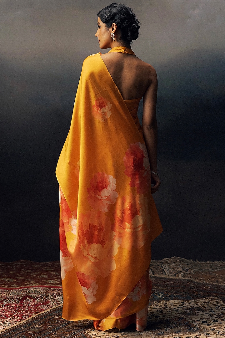 Orange Pure Satin Silk Ombre Floral Party Wear Saree by Studio 113 at Pernia's Pop Up Shop
